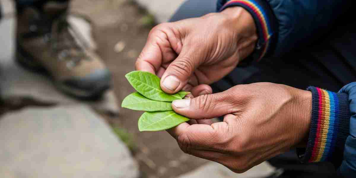 A close-up of a Peruvian guide's weathered hands holding a 'k'intu,' a traditional offering of coca leaves, representing the Andean cosmology of reciprocity.