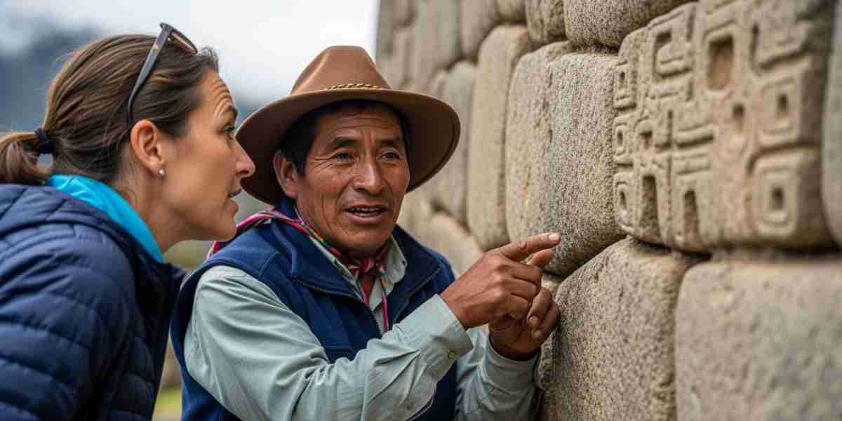 An expert local guide explaining the details of an Inca stone wall to a curious traveler, showcasing an authentic Peruvian experience on the trail.