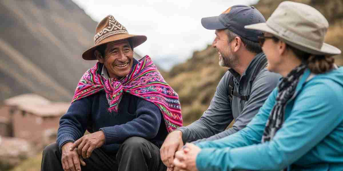 A candid moment showing a local Andean guide sharing a laugh with two travelers during a break on a trek, embodying a truly authentic Peruvian experience.