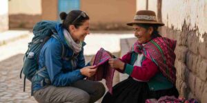 A traveler sharing a smile with a local artisan in a small Andean village, capturing one of the best moments in Peru that happen spontaneously.
