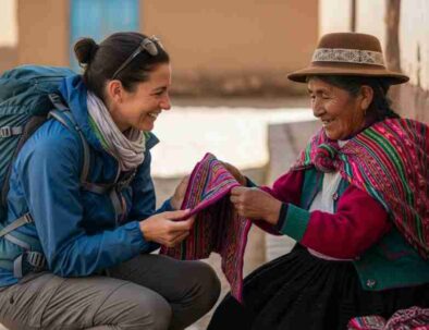 A traveler sharing a smile with a local artisan in a small Andean village, capturing one of the best moments in Peru that happen spontaneously.