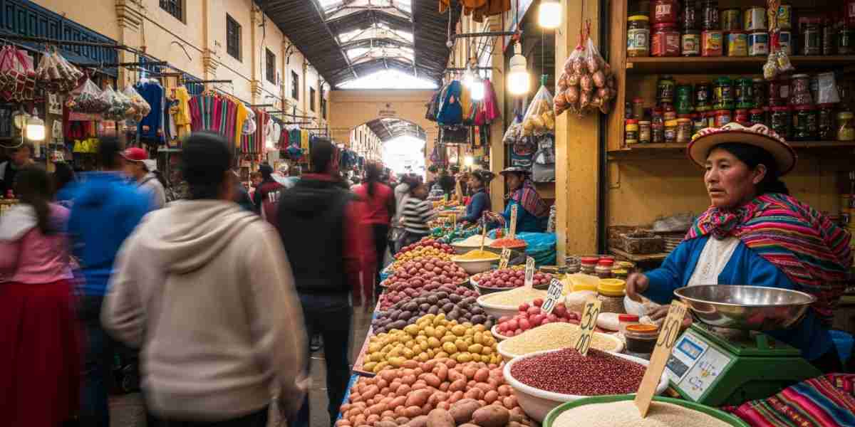 A vibrant, wide shot of the San Pedro market in Cusco, a perfect example of cultural immersion in Peru, with vendors selling colorful produce and textiles.