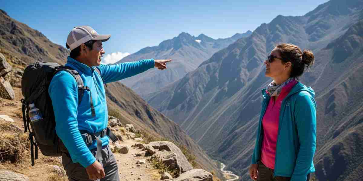 A local Peruvian guide explains the landscape to a hiker, an example of ethical travel in the Andes that focuses on learning and respect.