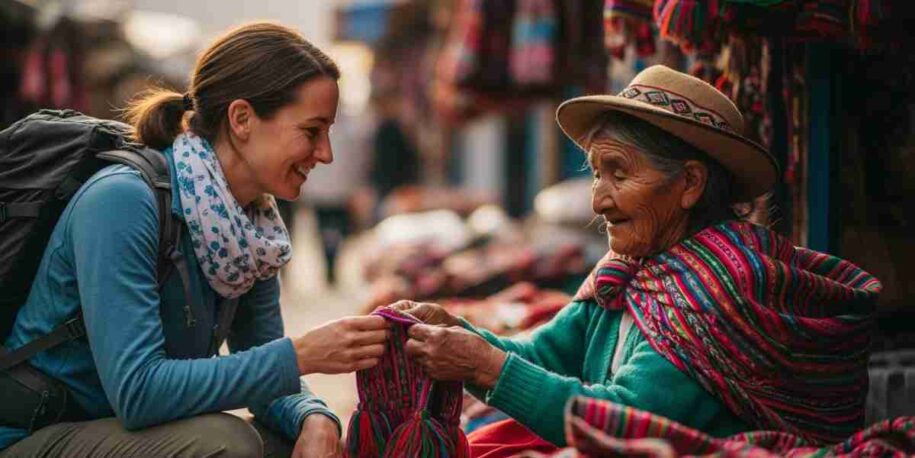 A traveler showing respect and practicing the ethics of travel photography by having a genuine, smiling conversation with a local Quechua weaver in a Cusco market before asking to take a photo.