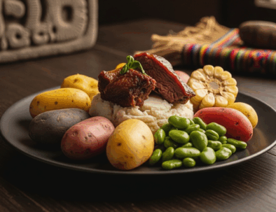 A stunning plate of Peruvian food, showcasing Gastronomy as Archaeology, with earthy potatoes and meats arranged artfully on a rustic slate plate.