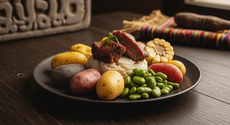 A stunning plate of Peruvian food, showcasing Gastronomy as Archaeology, with earthy potatoes and meats arranged artfully on a rustic slate plate.