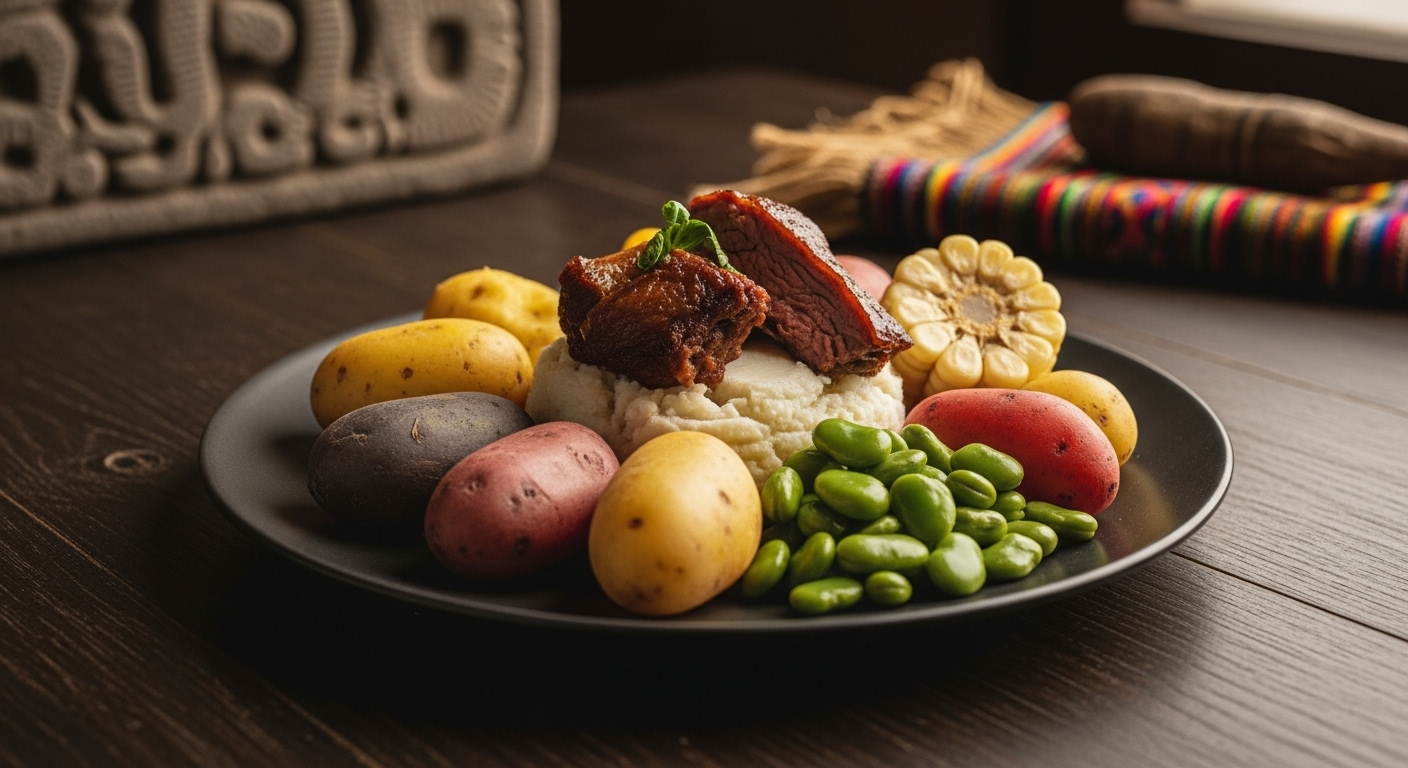 A stunning plate of Peruvian food, showcasing Gastronomy as Archaeology, with earthy potatoes and meats arranged artfully on a rustic slate plate.