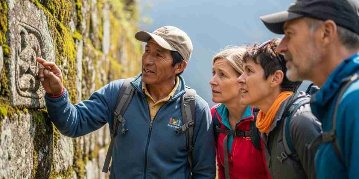 An experienced Peruvian guide points to intricate Inca stonework at a ruin along the trail, sharing a story with a small group of engaged travelers during their Inca Trail experience.