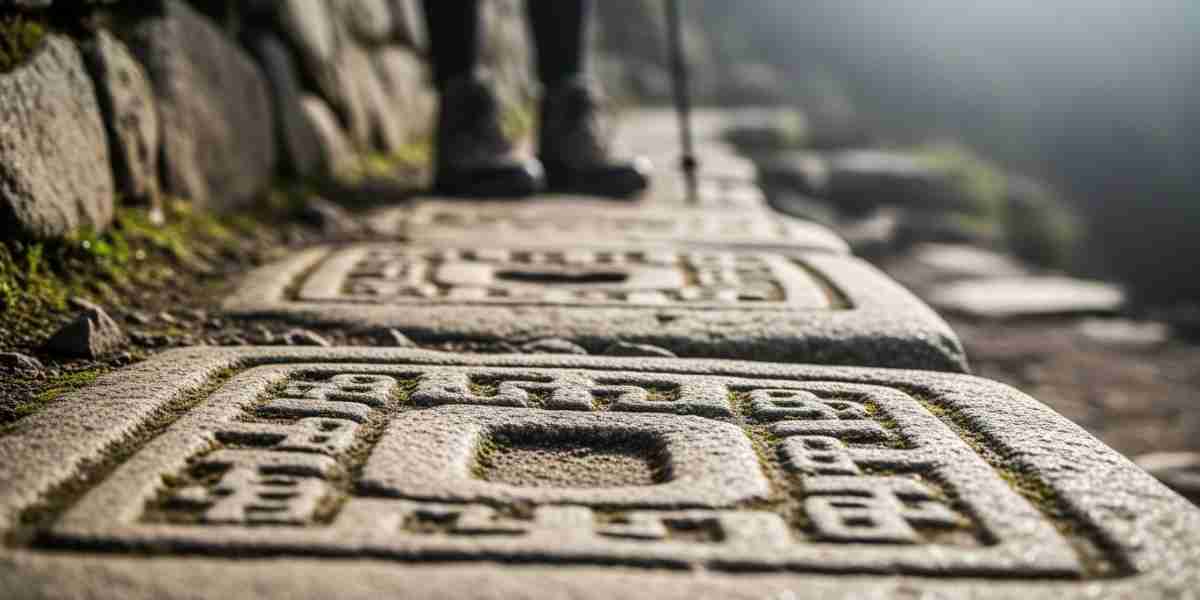 A close-up shot of ancient, weathered Inca stones on the trail, with a hiker's boots blurred in the background, symbolizing the personal steps taken on an Inca Trail spiritual journey.