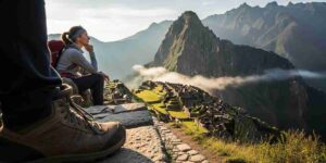 A lone hiker with a backpack stands on a stone path of the Inca Trail, looking out over a breathtaking valley in the Andes, capturing the essence of the personal journey to Machu Picchu.