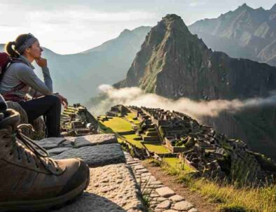 A lone hiker with a backpack stands on a stone path of the Inca Trail, looking out over a breathtaking valley in the Andes, capturing the essence of the personal journey to Machu Picchu.