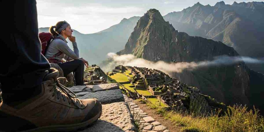 A lone hiker with a backpack stands on a stone path of the Inca Trail, looking out over a breathtaking valley in the Andes, capturing the essence of the personal journey to Machu Picchu.