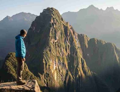 A lone traveler pauses on a high Andean pass, practicing meaningful travel in Peru by looking out respectfully at a vast, sunlit mountain range.