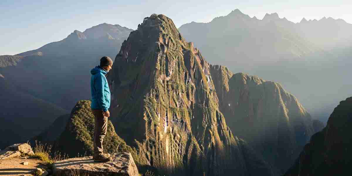 A lone traveler pauses on a high Andean pass, practicing meaningful travel in Peru by looking out respectfully at a vast, sunlit mountain range.