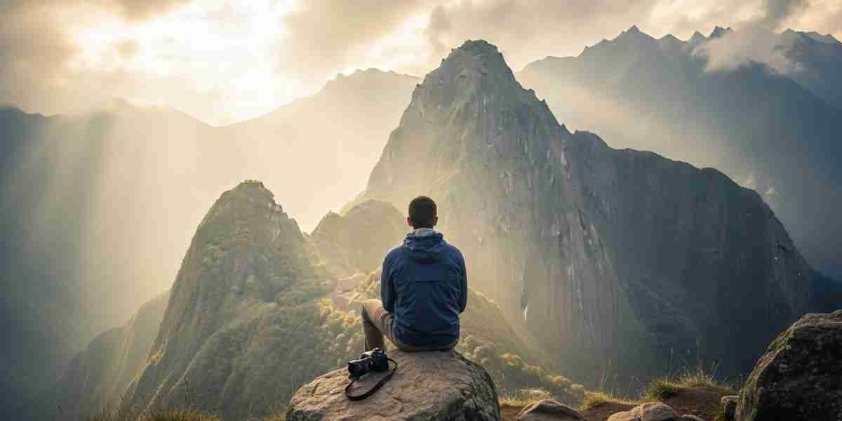 A trekker practicing mindful travel photography by pausing to watch the sunrise over the Andean mountains from the Inca Trail, with his camera resting beside him.
