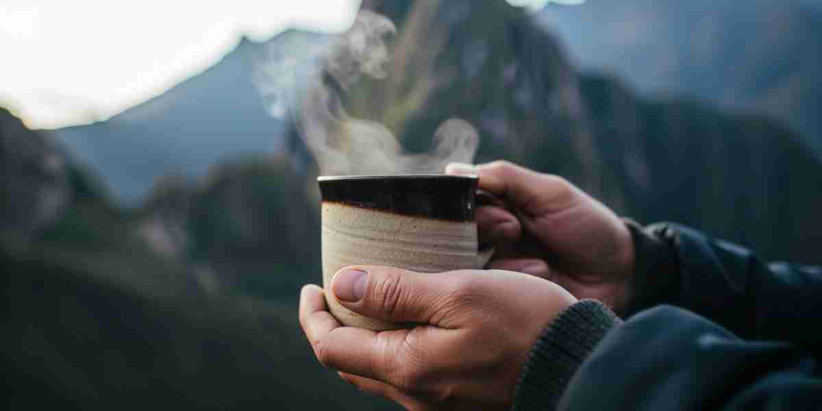 A close-up shot focusing on a hiker's hands cradling a simple ceramic mug of coca tea, illustrating a moment of mindful trekking in the Andes, with the mountains softly blurred in the background.
