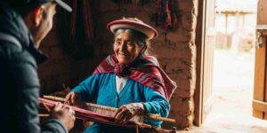 A traveler engages in a real conversation with an Andean weaver, illustrating the flaw in the myth of authenticity in travel.