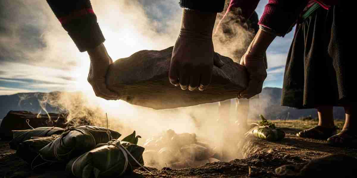A real and authentic Pachamanca ceremony in the Peruvian Andes, with local people carefully uncovering the food from the hot earth oven.
