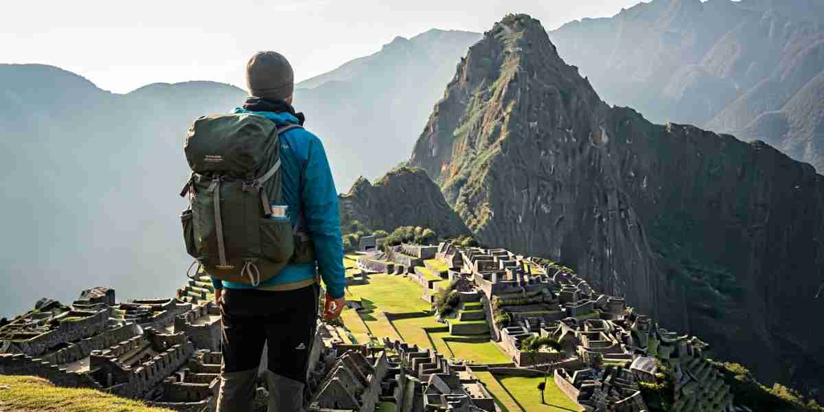 A thoughtful traveler looking out at the misty sunrise over Machu Picchu, representing the profound personal journey that contrasts with Peru travel expectations vs reality.