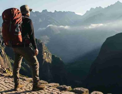 A hiker pauses on an ancient Inca stone path, looking out at the majestic Andes mountains during a transformative Peru travel experience.
