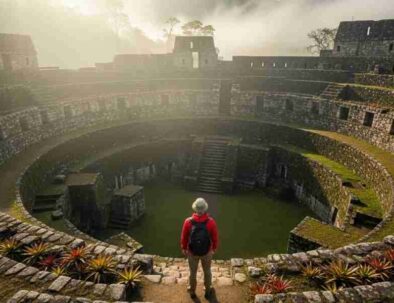 A traveler contemplates the vast, circular ruins of Kuelap, an ancient fortress that stands as a testament to the powerful pre-Inca civilizations of Peru.