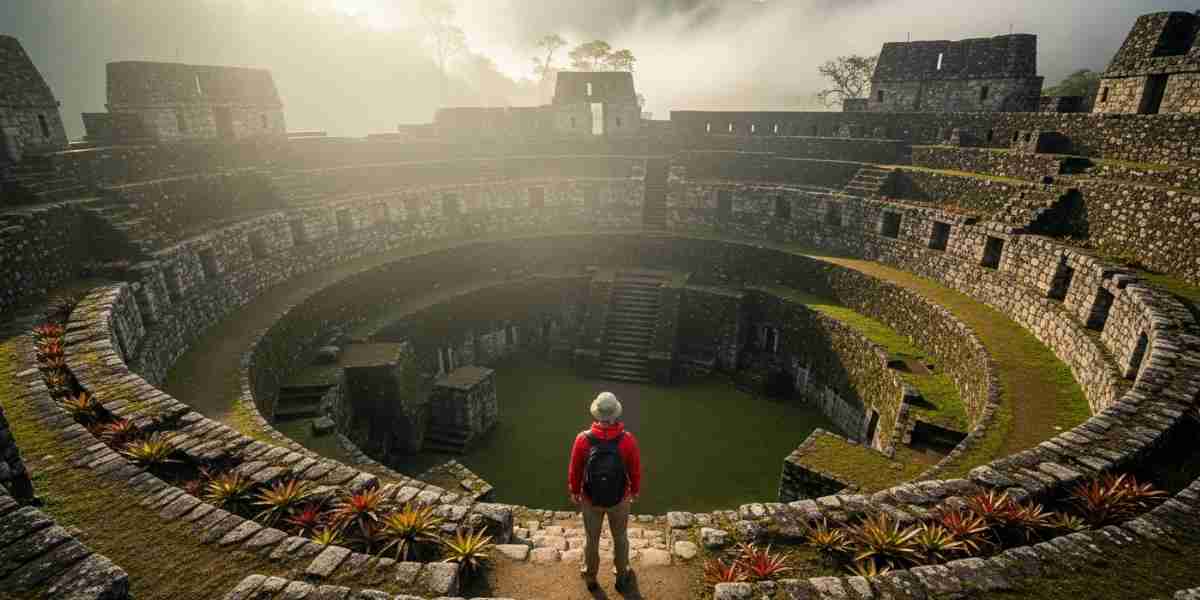 A traveler contemplates the vast, circular ruins of Kuelap, an ancient fortress that stands as a testament to the powerful pre-Inca civilizations of Peru.