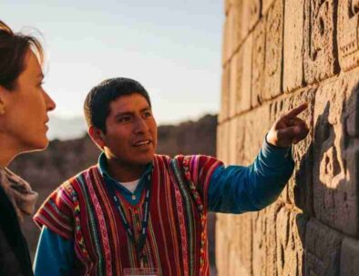 A young Peruvian guide explaining Inca stonework to a traveler, illustrating that the experience of the real Peru is about connection and understanding.