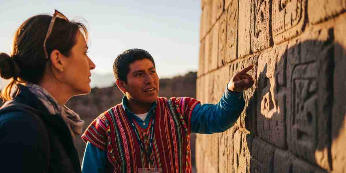 A young Peruvian guide explaining Inca stonework to a traveler, illustrating that the experience of the real Peru is about connection and understanding.