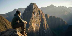 A lone traveler sits peacefully on a rocky outcrop, finding silence as a destination while looking out at the vast, sunlit Andes mountains in Peru.