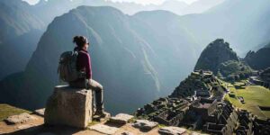 A traveler having a quiet, authentic spiritual experience in Peru, sitting on a rock and looking out at the vast, sunlit Andes mountains during a trek.