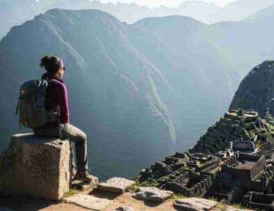 A traveler having a quiet, authentic spiritual experience in Peru, sitting on a rock and looking out at the vast, sunlit Andes mountains during a trek.