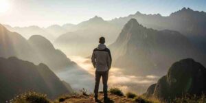 A traveler stands on an Andean peak overlooking a misty valley at sunrise, illustrating the paradox of your itinerary where true discovery begins when you let go of the map.