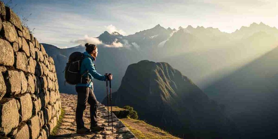 A hiker pausing on a stone path, looking out at the majestic Andes mountains, embodying the deep personal transformation in Peru.