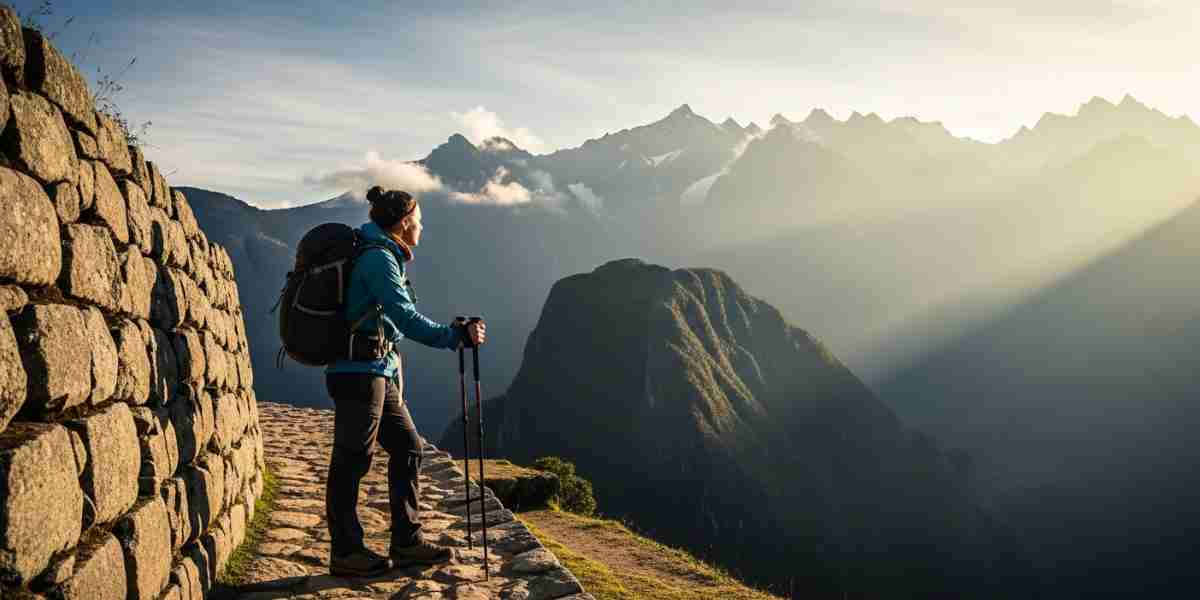 A hiker pausing on a stone path, looking out at the majestic Andes mountains, embodying the deep personal transformation in Peru.