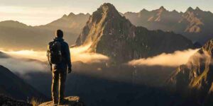 A lone hiker watching the sun rise over a vast Andean mountain range, a perfect moment of transformative travel in Peru.