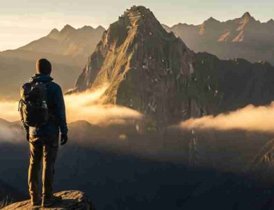 A lone hiker watching the sun rise over a vast Andean mountain range, a perfect moment of transformative travel in Peru.