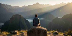 A solo trekker sits peacefully on an ancient Inca stone, gazing at the vast Andes mountains, representing the ultimate souvenir from Peru: a new perspective.