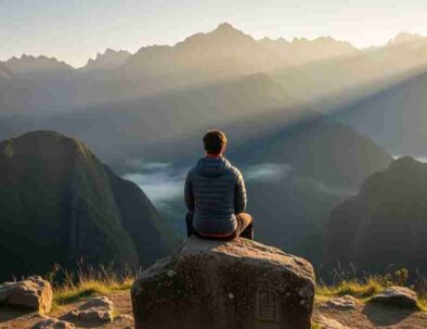 A solo trekker sits peacefully on an ancient Inca stone, gazing at the vast Andes mountains, representing the ultimate souvenir from Peru: a new perspective.