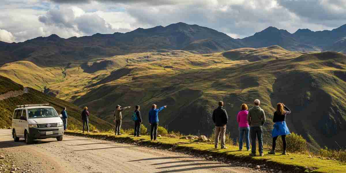 A tour van parked on a high-altitude dirt road in the Andes, as travelers get out to admire the vast landscape, illustrating one of the unexpected travel moments in Peru.