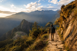 turista caminando frente a machu picchu cansado luego de hacer el camino